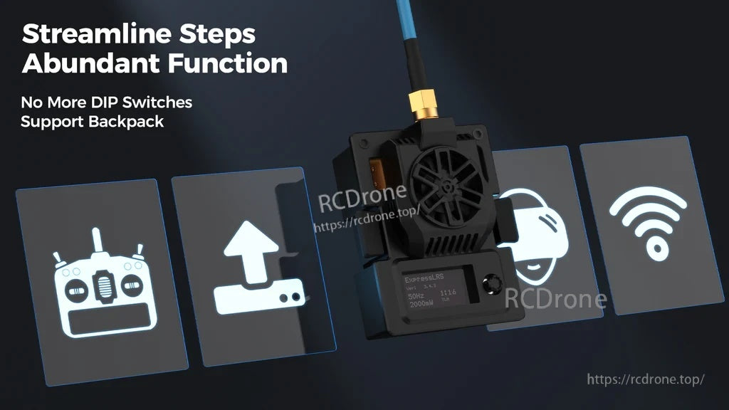 Feature graphic for simplified setup with no DIP switches and support for Backpack wireless function