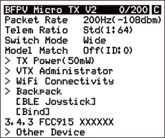 ExpressLRS Lua script page listing 'BFPV Micro TX V2' with 0/200 Hz packet rate display