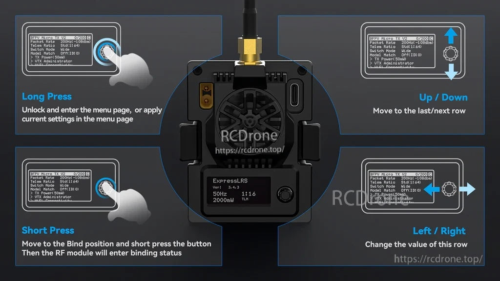 5D button control guide for Micro TX V2: long press menu, short press bind/WiFi, arrows navigate values