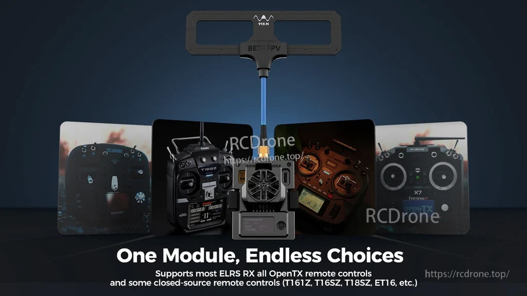 Compatibility graphic showing Micro TX V2 used with various radio transmitters that support a micro module bay