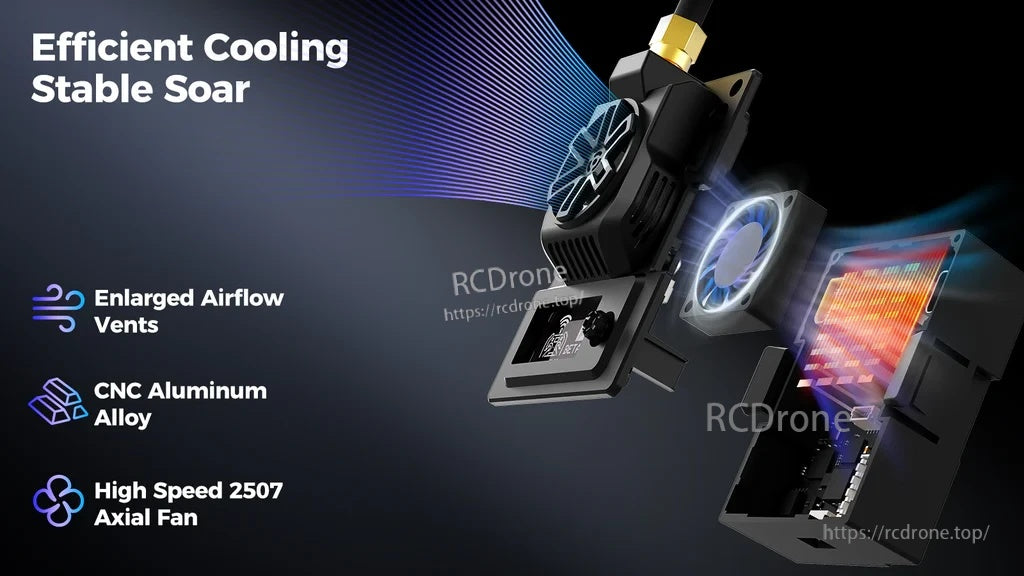 Cooling system detail: CNC aluminum heat sink, enlarged airflow vents, and high-speed 2507 axial fan