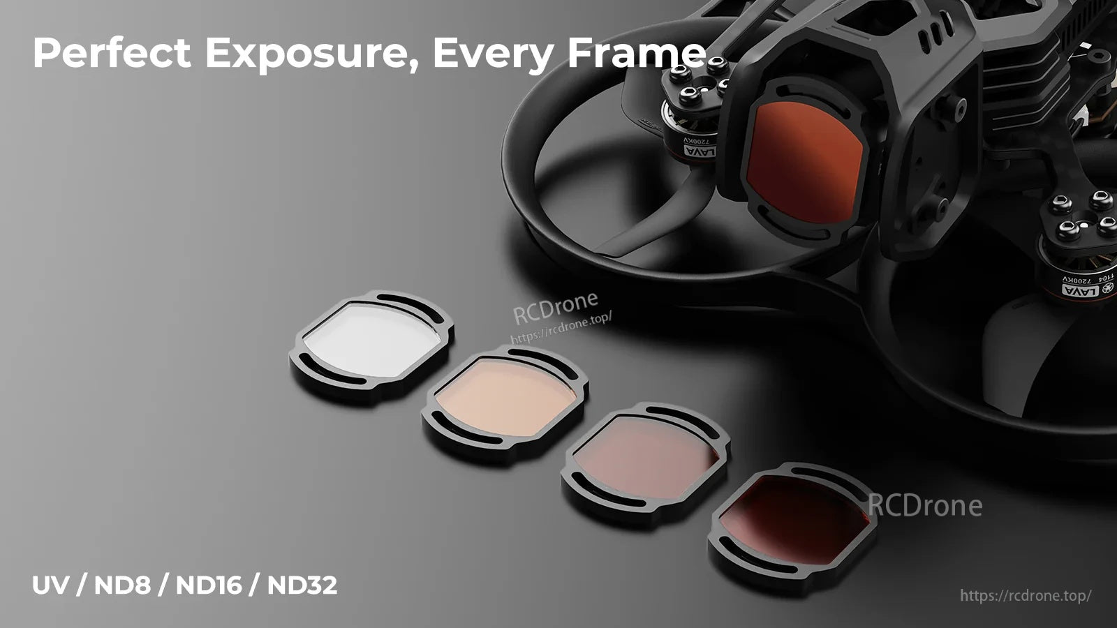 BetaFPV ND Filter set (UV, ND8, ND16, ND32) mounted on DJI O4 Pro camera for bright-flight exposure control