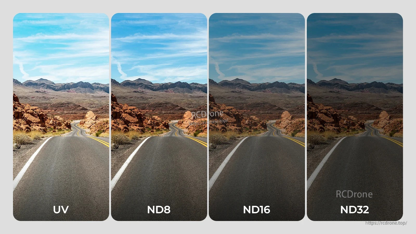 UV vs ND8 vs ND16 vs ND32 filter brightness comparison to choose the right neutral density level for daylight flying