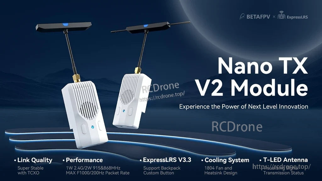 BETAFPV Nano TX V2 Transmitter ELRS module with T-LED antenna and compact white heatsink body
