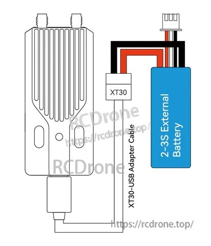 External power wiring diagram using XT30-to-USB adapter cable and 2–3S external battery connection