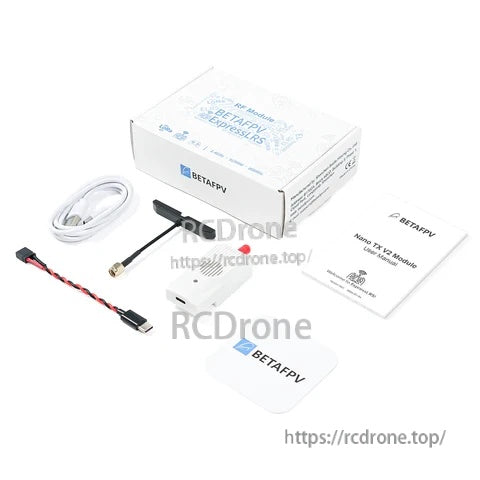 In-the-box contents: BETAFPV Nano TX V2 module, T-LED antenna, USB cable, wire harness, manual, packaging