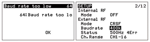 EdgeTX warning “Baud rate too low” and external RF CRSF settings screen with baud rate configuration