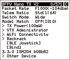 ExpressLRS LUA script screen header “BFPV Nano TX V2” with menu page indicator