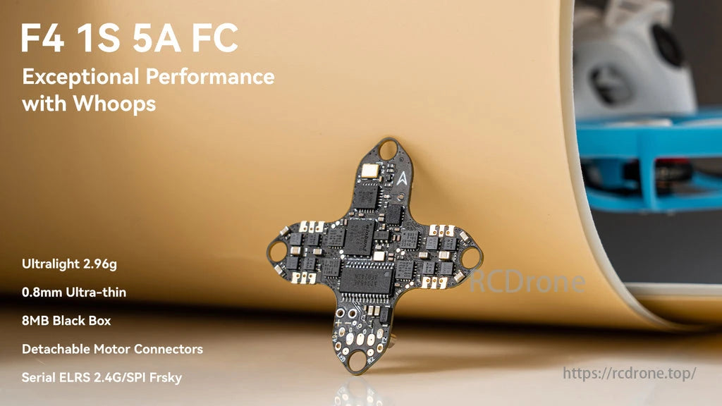 BetaFPV, F4 1S 5A FC: Ultralight, ultra-thin whoop controller with 8MB black box, detachable connectors, and ELRS/Frsky support.