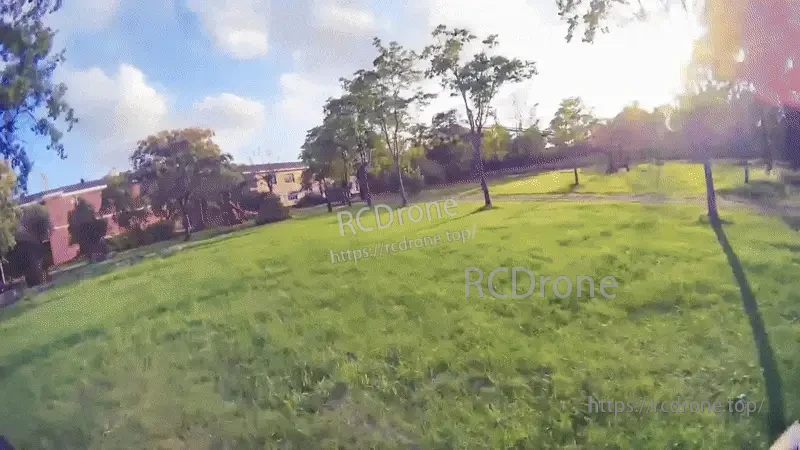 Sample FPV footage still over a grassy park with trees and buildings, representing the HD live-view image quality