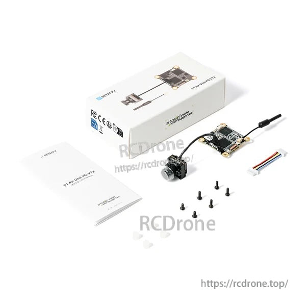 Retail box contents for BETAFPV P1 Air Unit HD VTX including air unit with camera, antenna, cable, screws and user manual