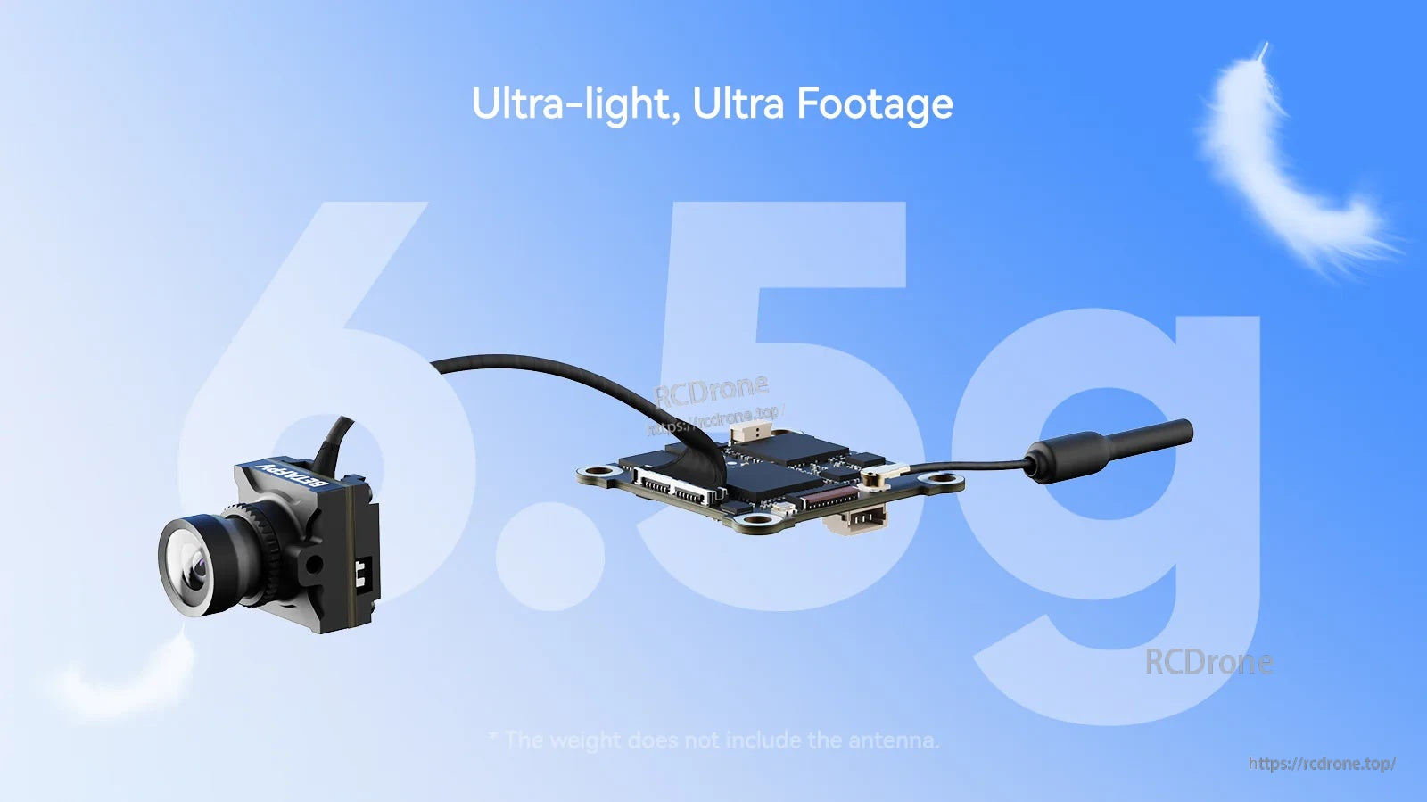 Air unit, camera and antenna shown together with 6.5g total weight callout for an ultra-light HD digital FPV setup