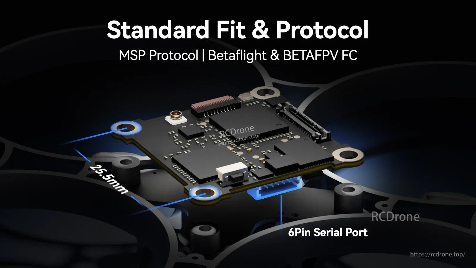 Close-up of the air unit board showing 25.5mm mounting and 6-pin serial port, with MSP protocol and FC compatibility text