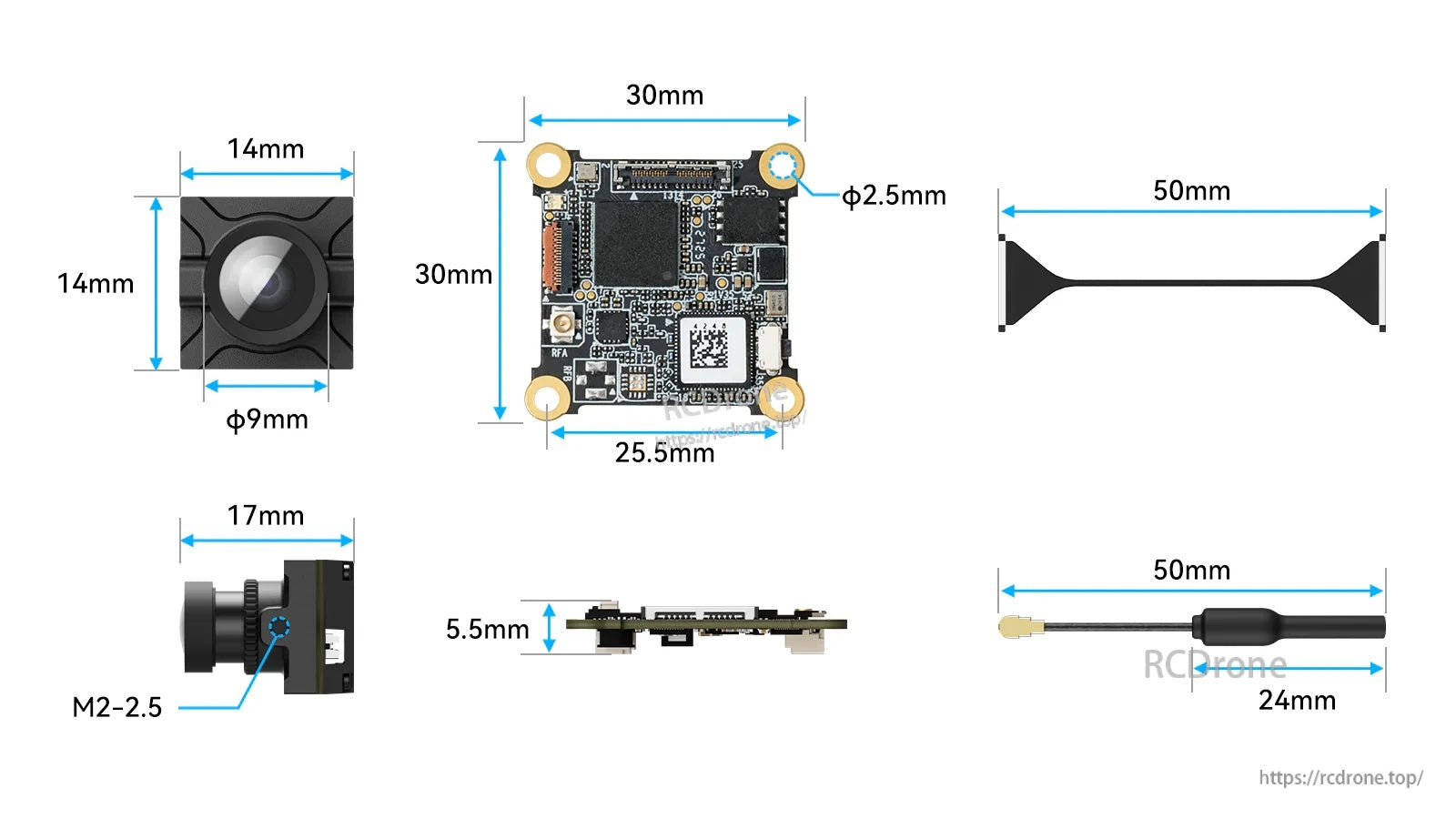 Camera, VTX board and antenna dimension chart showing 30×30mm board, 25.5mm mounting, Ø2.5mm holes, and antenna length