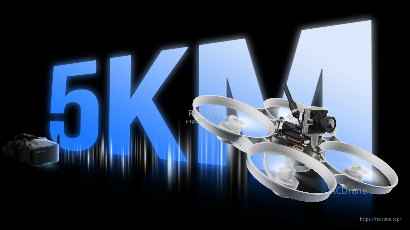 Concept graphic highlighting 5KM long-range FPV transmission with a micro quad carrying the air unit and camera