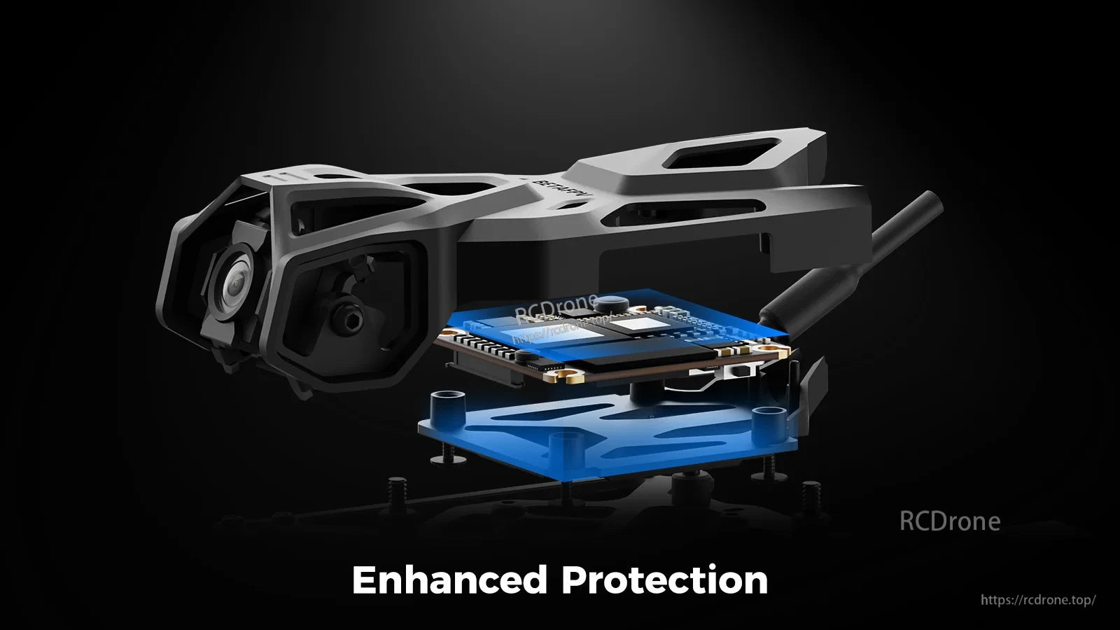 Protective structure around DJI O4 Air Unit PCB and camera mount to reduce impact and vibration