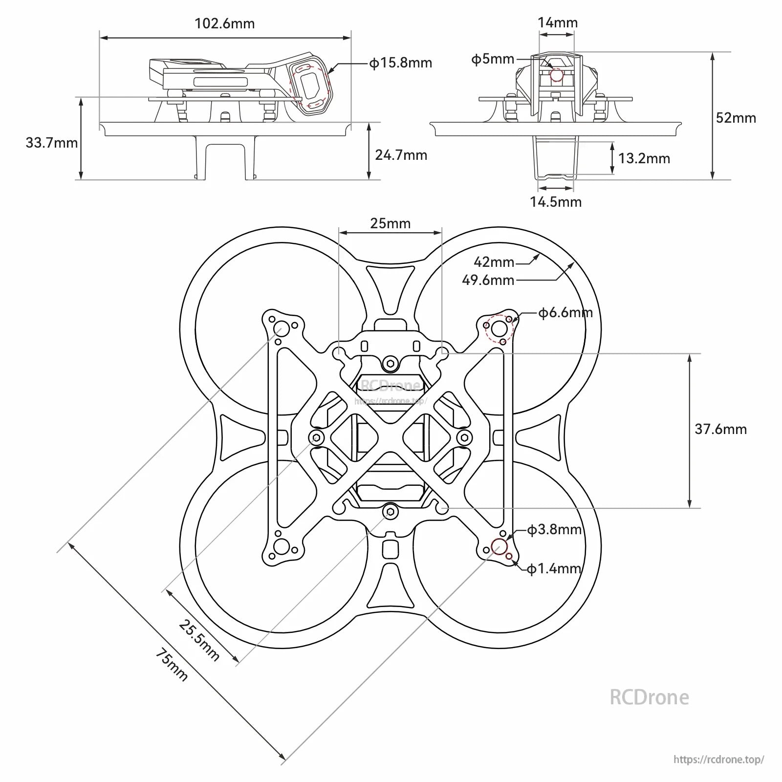 Pavo Femto frame dimensions drawing with 75mm wheelbase and 25.5×25.5mm FC mounting pattern
