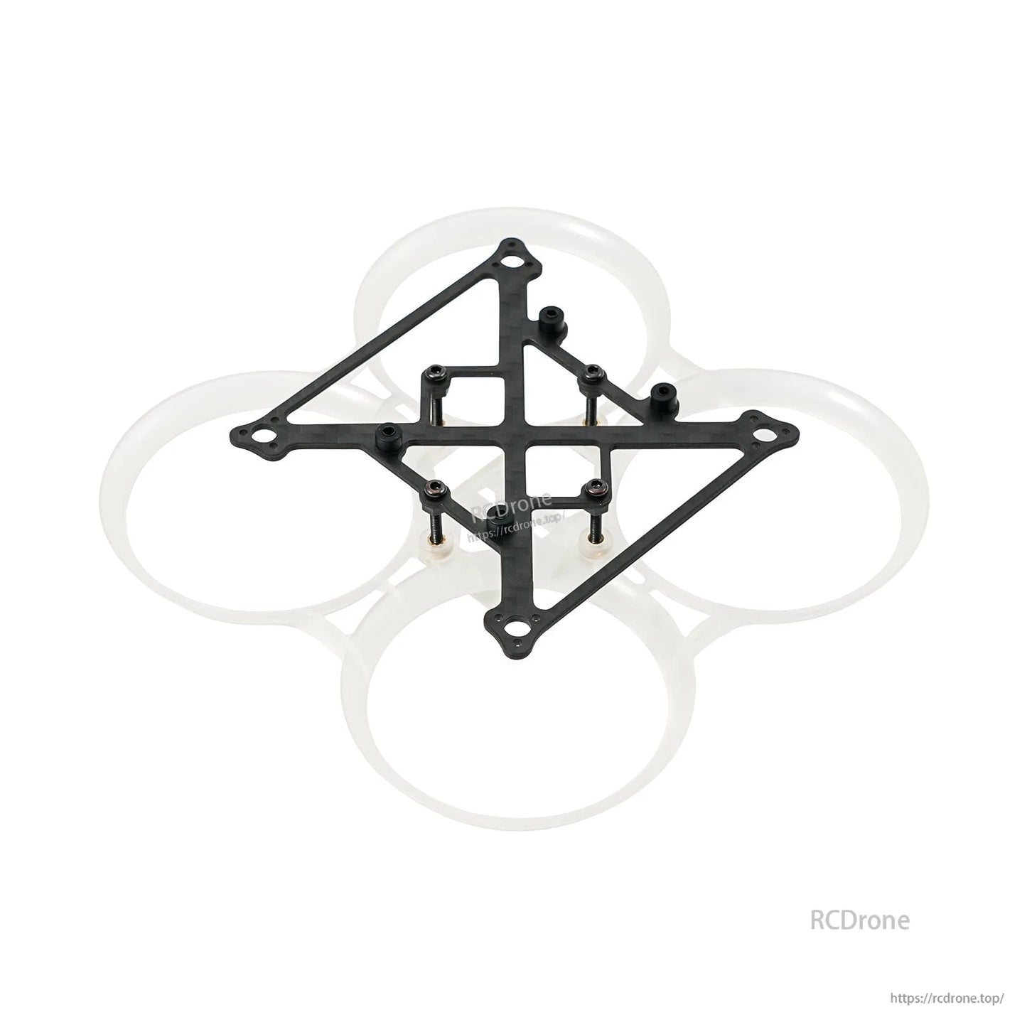 Clear duct whoop frame with carbon top plate and standoffs, top-down view