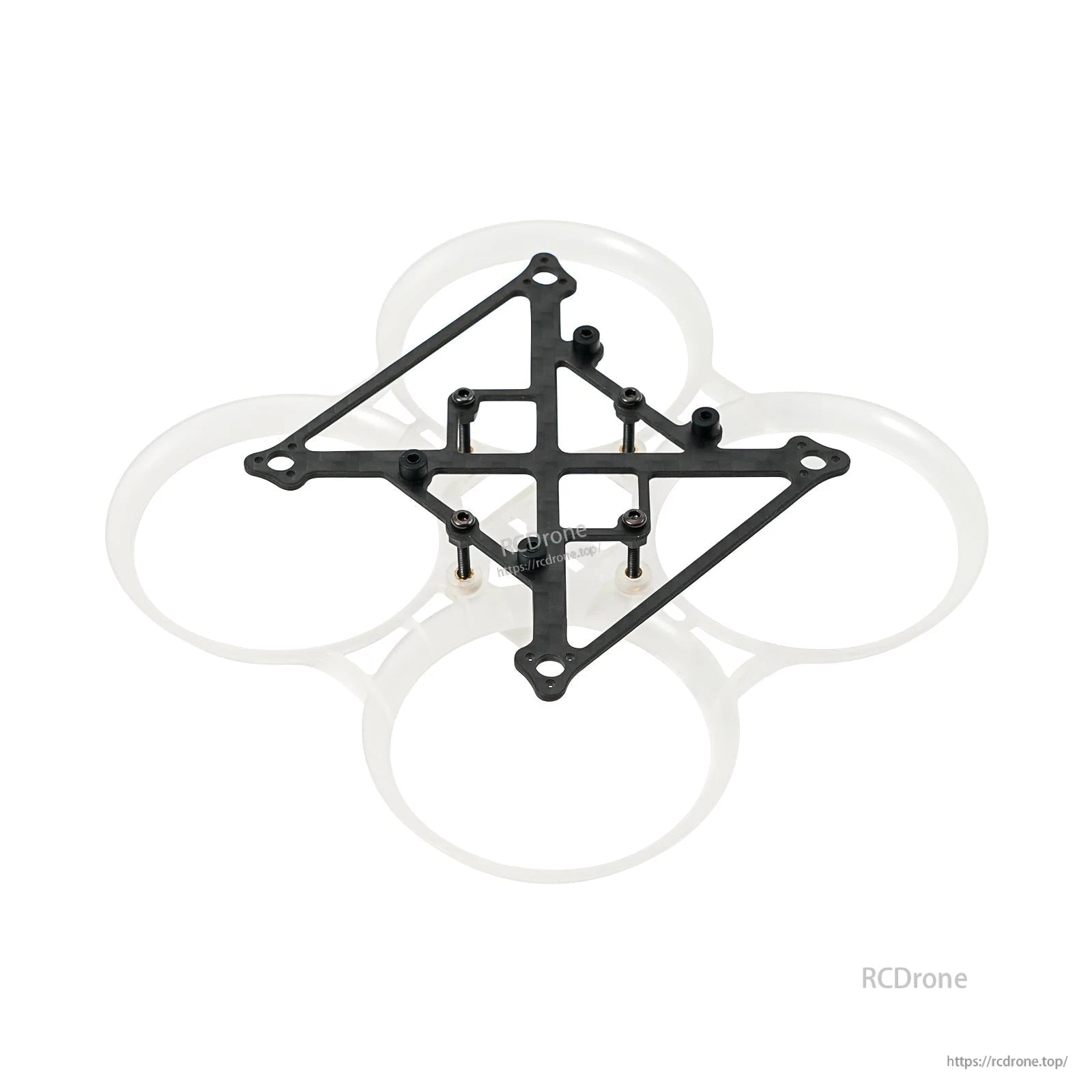 Clear duct whoop frame with carbon top plate and standoffs, top-down view