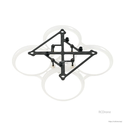 Clear duct whoop frame with carbon top plate and standoffs, top-down view