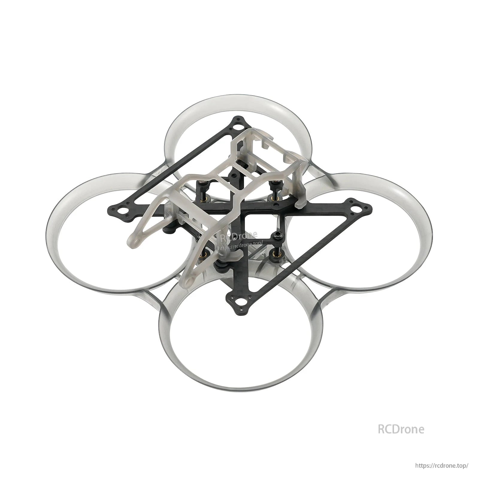 Clear duct whoop frame with camera mount canopy installed and carbon top plate, angled view
