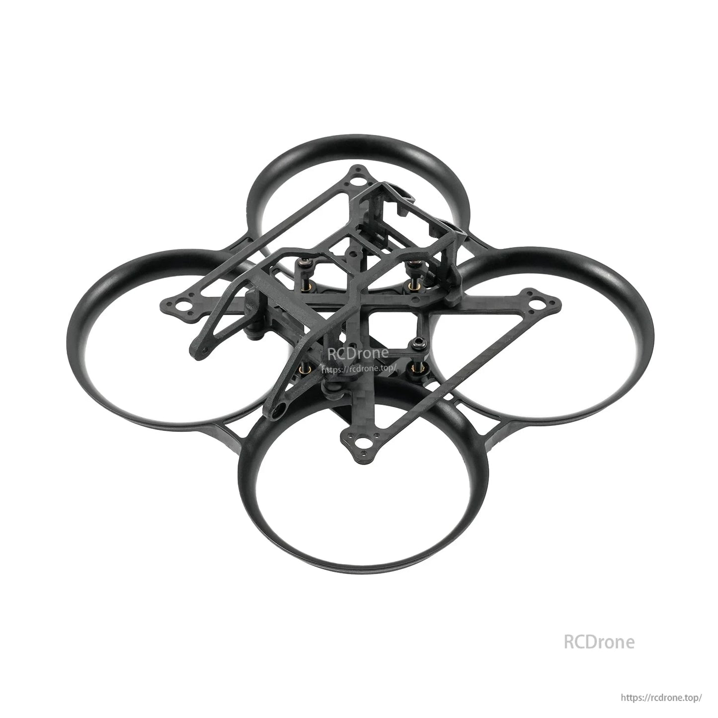 Black whoop frame with carbon plate and front camera mount canopy installed, angled top view
