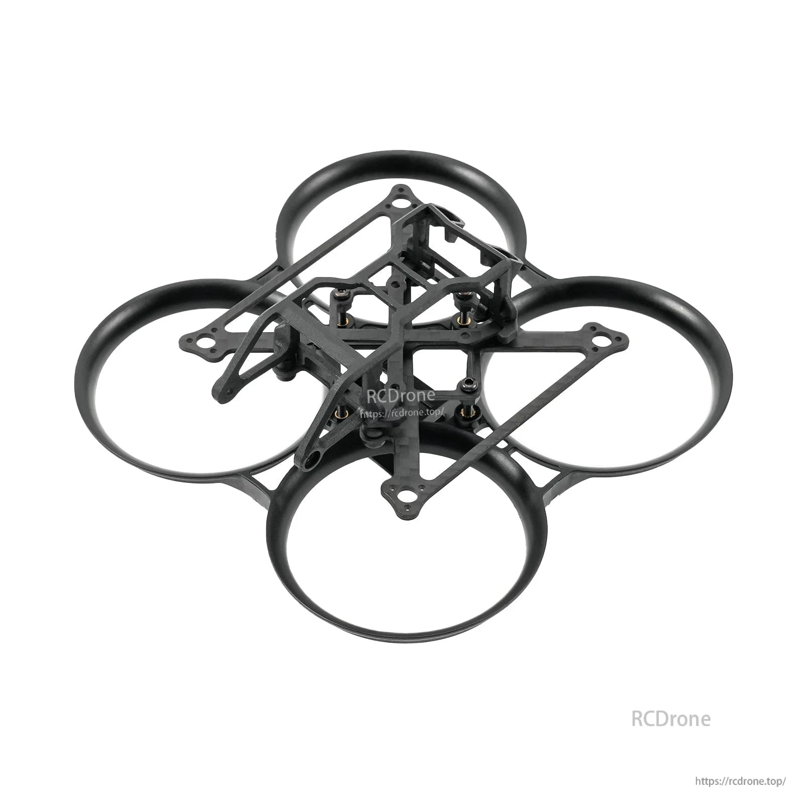 Black whoop frame with carbon plate and front camera mount canopy installed, angled top view