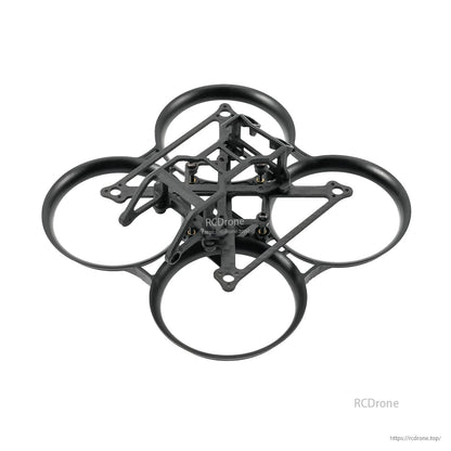 Black whoop frame with carbon plate and front camera mount canopy installed, angled top view
