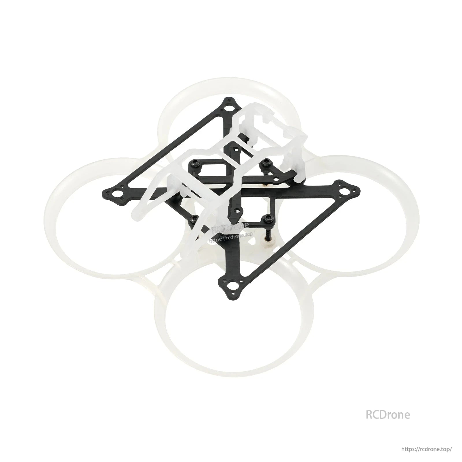 White duct whoop frame with camera mount canopy installed and carbon top plate, angled view
