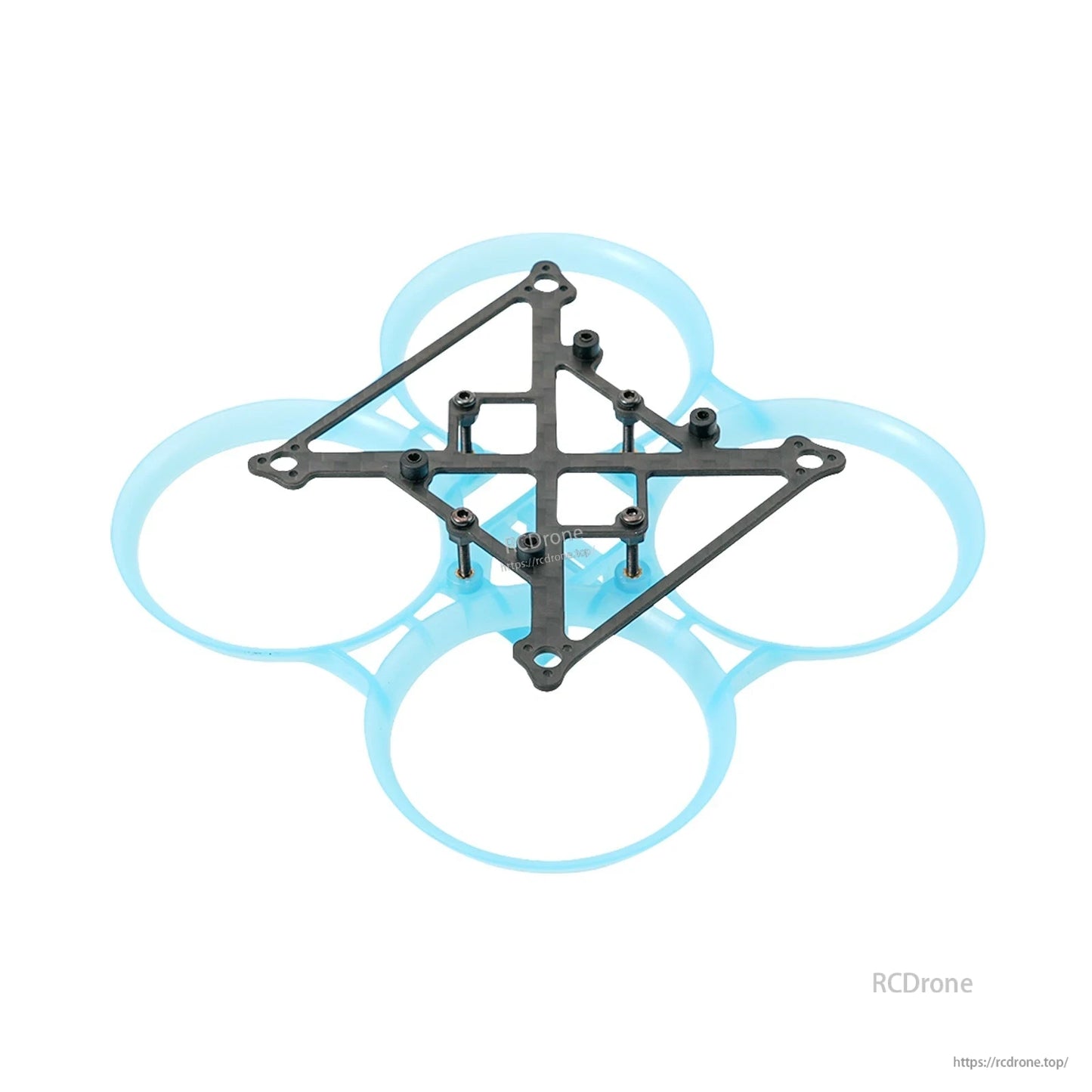 Pavo Pico PA12 whoop frame top view, blue duct guards with carbon top plate and hardware