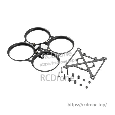 Pavo Pico frame kit layout with whoop ducts, 20×20 mounting plate, rubber dampers, screws, and hardware