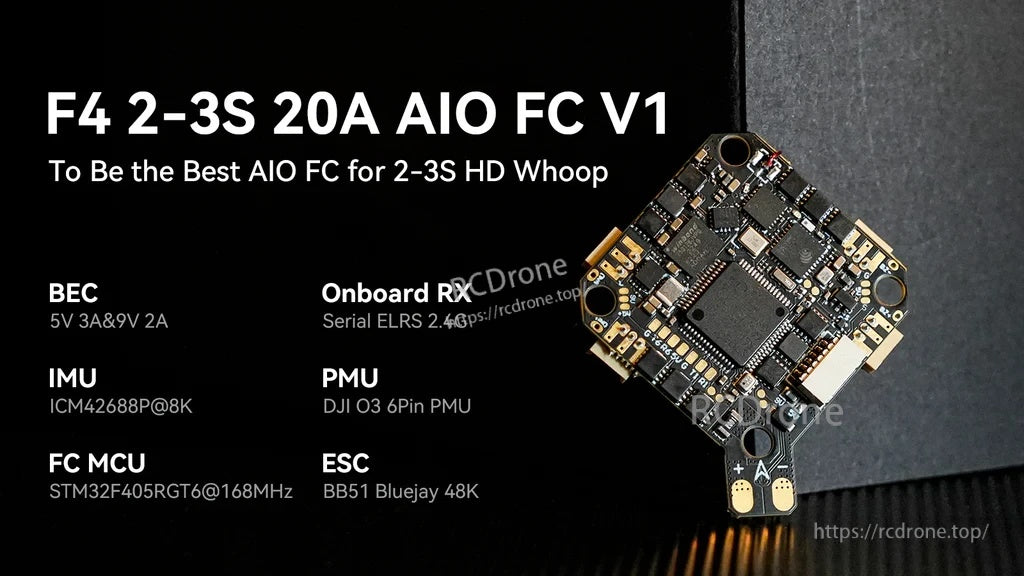 F4 2–3S 20A AIO flight controller graphic with onboard RX, BEC, IMU, and ESC callouts (build example)