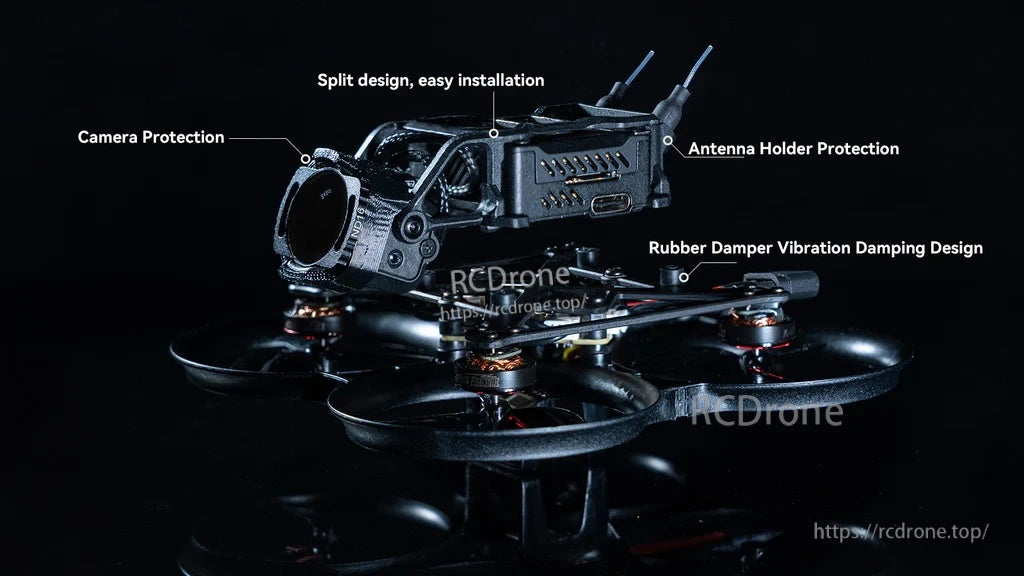 Close-up build view highlighting split frame design, camera protection, antenna holder protection, and rubber dampers