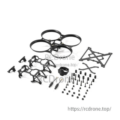 Complete Pavo Pico whoop frame parts spread including ducts, brackets, printed parts, and full screw set