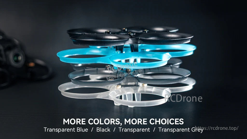 Pavo Pico whoop duct frame color options: transparent blue, black, clear, and transparent grey