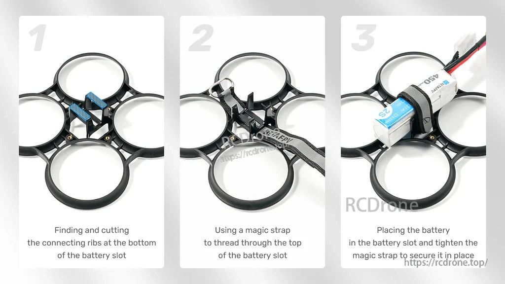 Step-by-step battery mounting: trim slot ribs, thread a strap, and secure a 2S battery in the frame