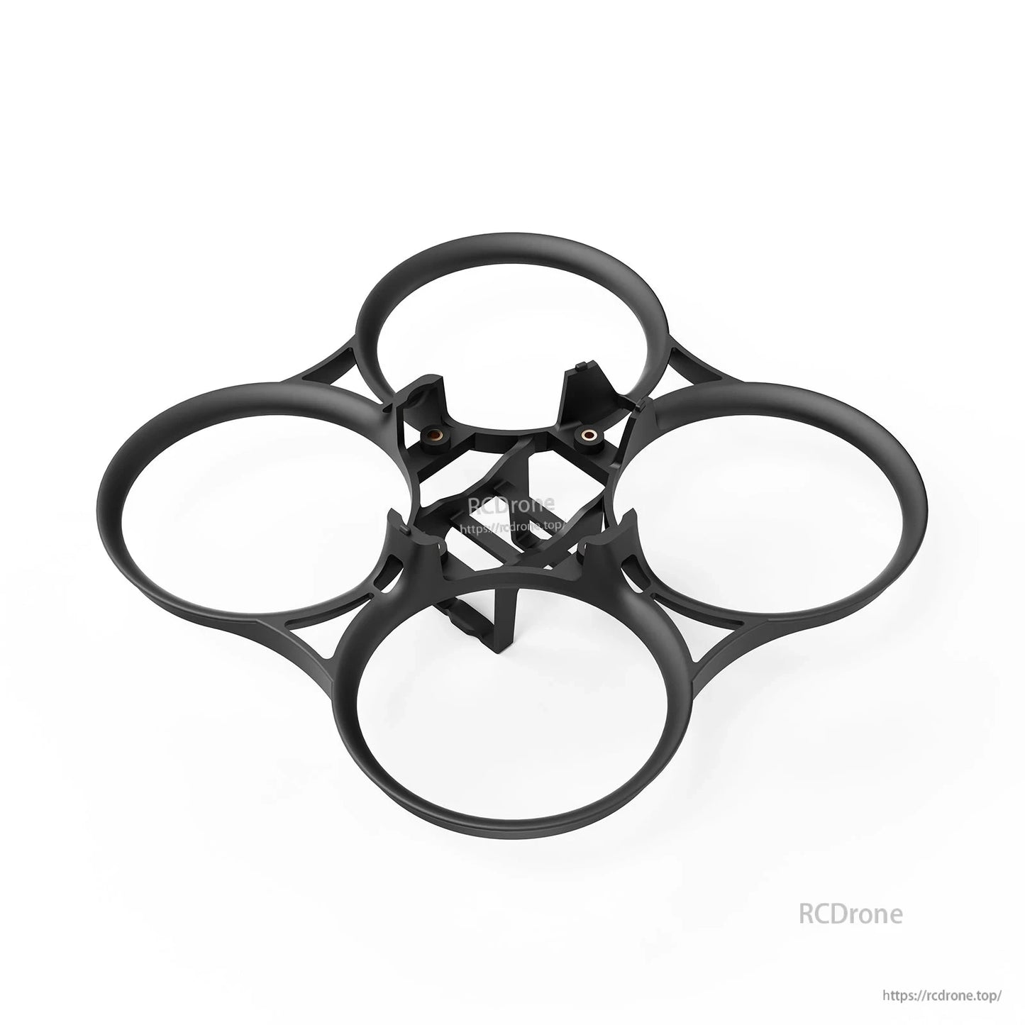 Top view of black Pavo Pico II whoop frame with four ducted prop guards and center mounting