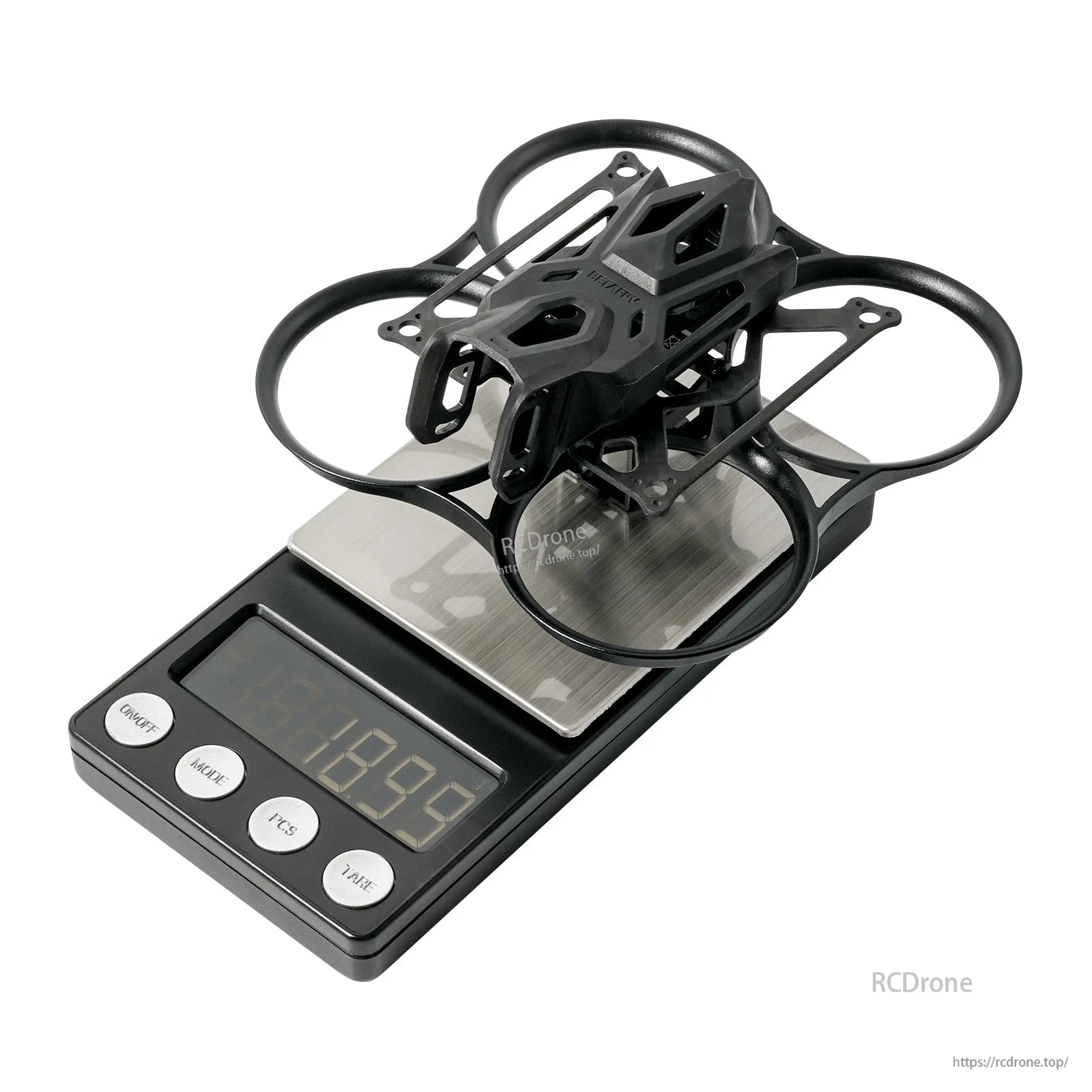 BetaFPV Pavo Pico II brushless whoop frame with canopy on digital scale, black ducted frame