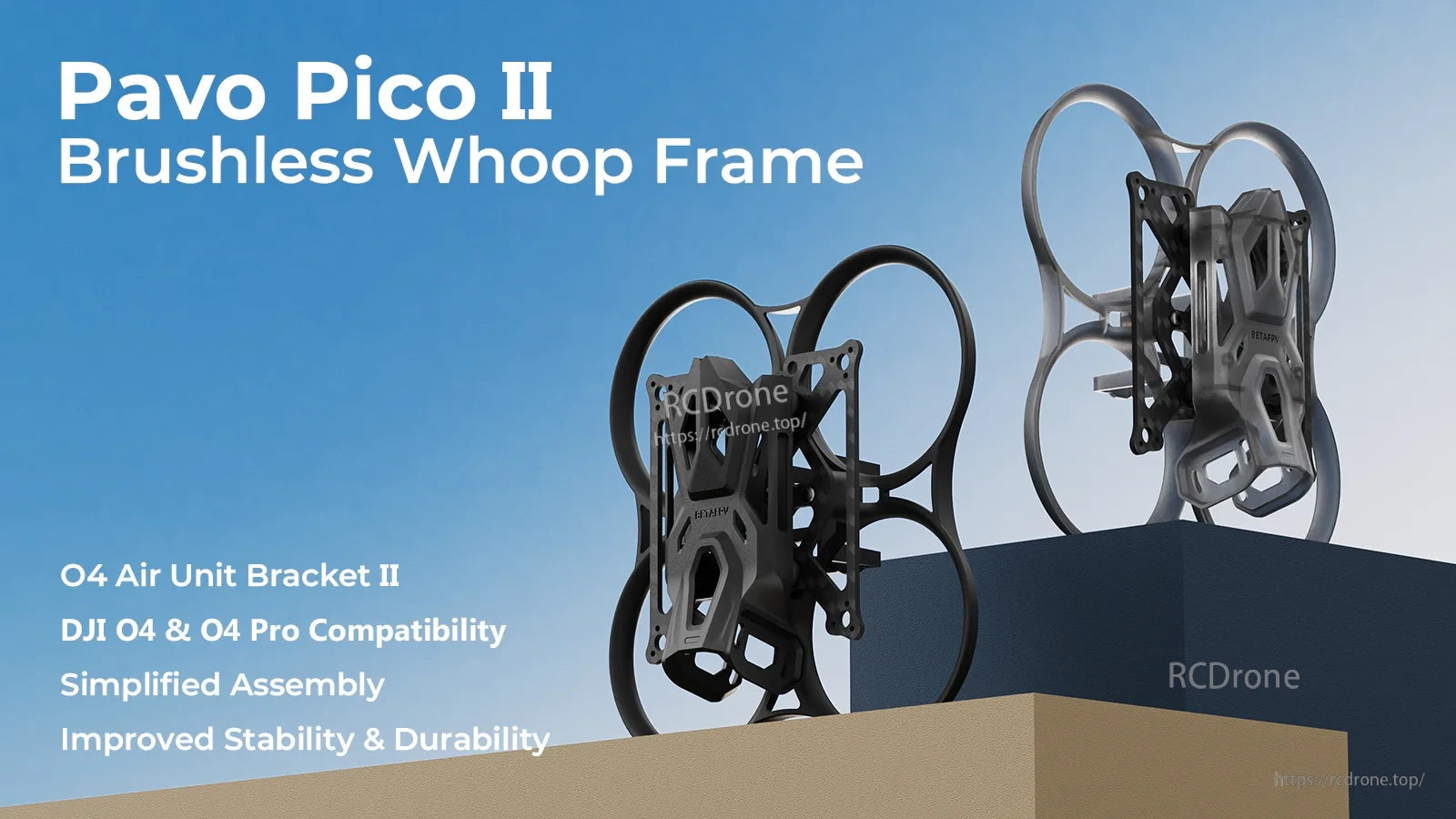BetaFPV Pavo Pico II brushless whoop frame with ducts and O4 Air Unit Bracket II, black and gray frames