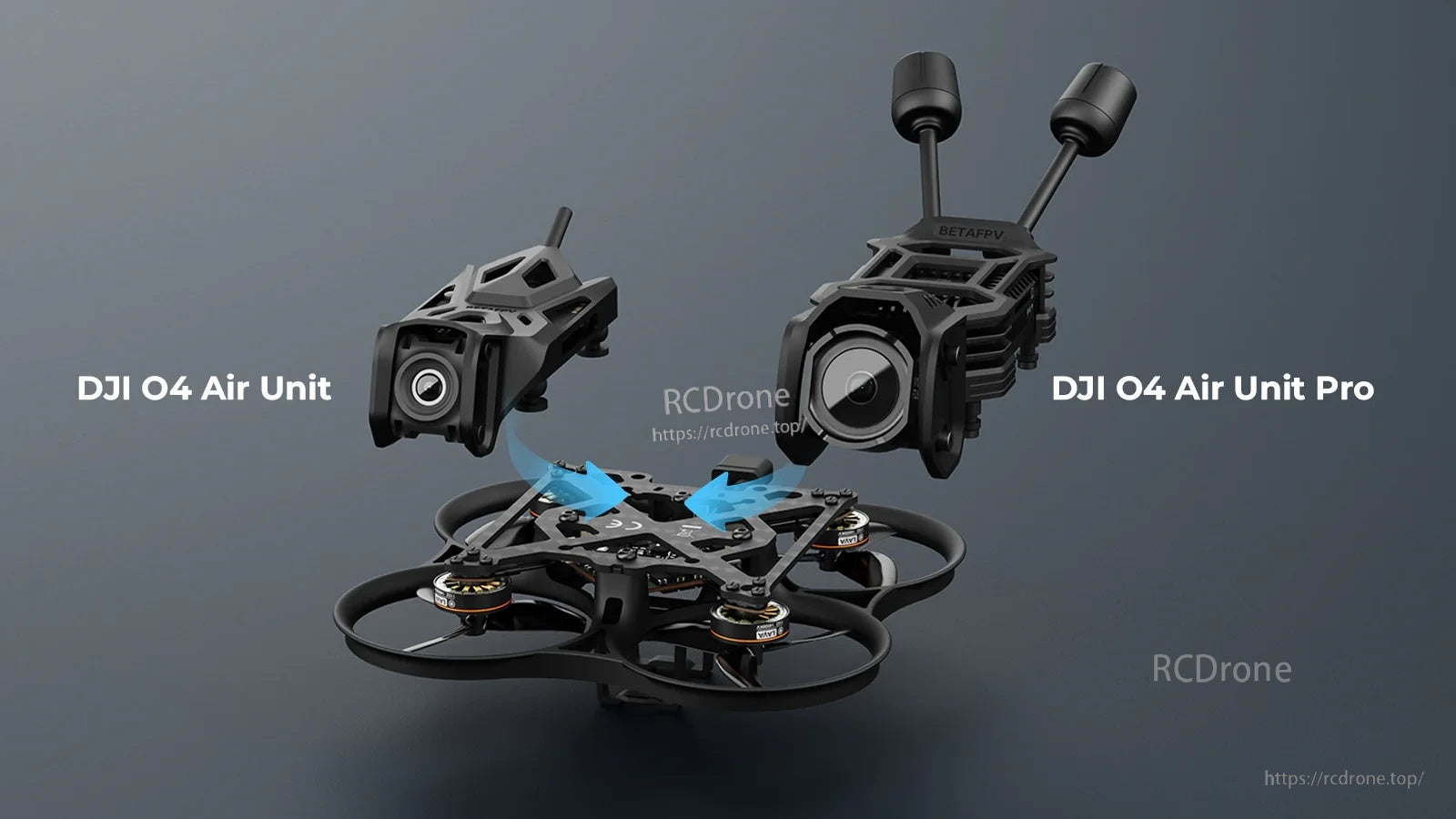 Frame compatibility graphic for DJI O4 Air Unit and DJI O4 Air Unit Pro with mounting arrows to the carbon plate
