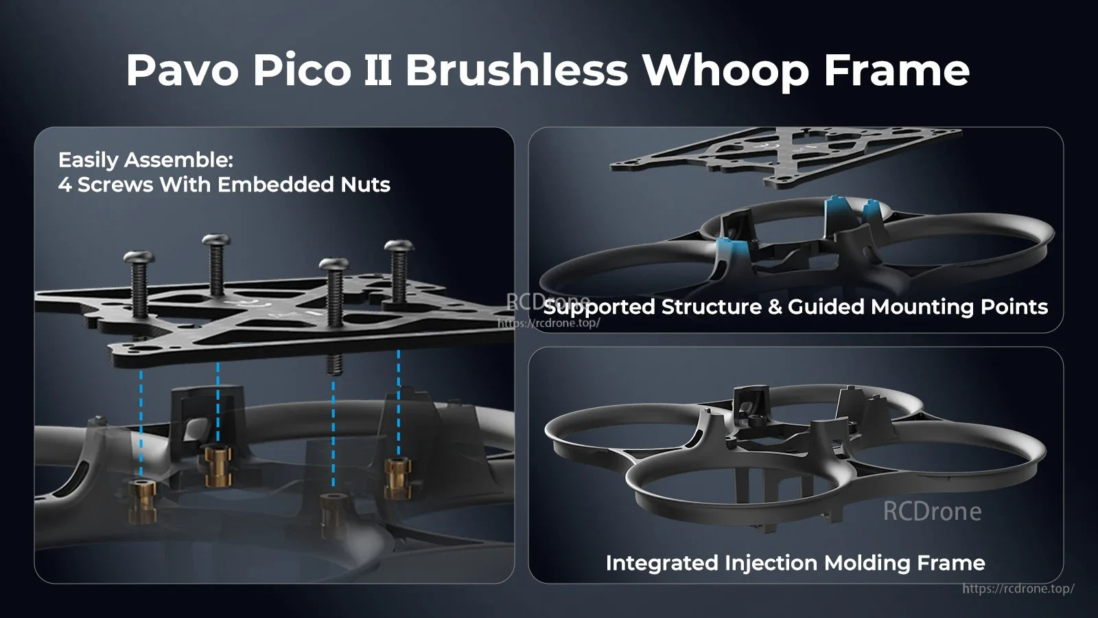 Exploded view of carbon plate and injection-molded ducts, showing 4-screw embedded-nut assembly and guided mounts