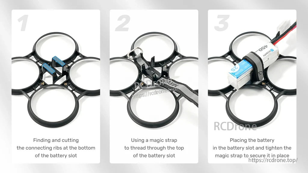 Step-by-step battery strap routing on Pavo Pico II duct frame: cut ribs, thread strap, secure battery in slot