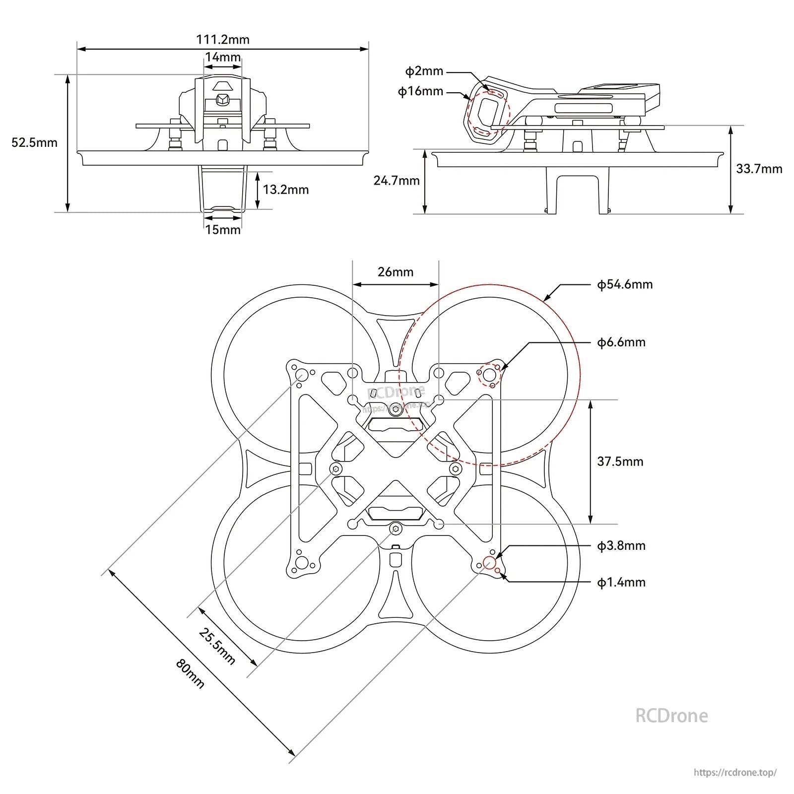 Pavo Pico II frame dimension drawing with 111.2mm overall width, 52.5mm height, and 80mm wheelbase layout