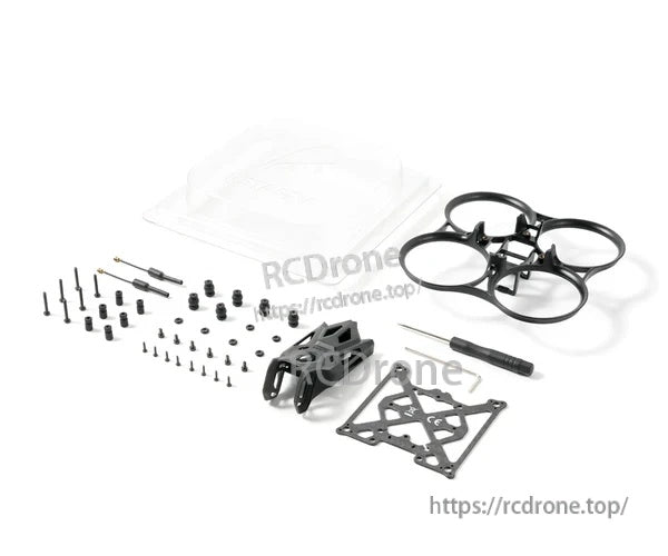 What’s included: whoop duct frame, carbon plate, O4 bracket parts, antennas, screws, shock balls/pads, and tools laid out
