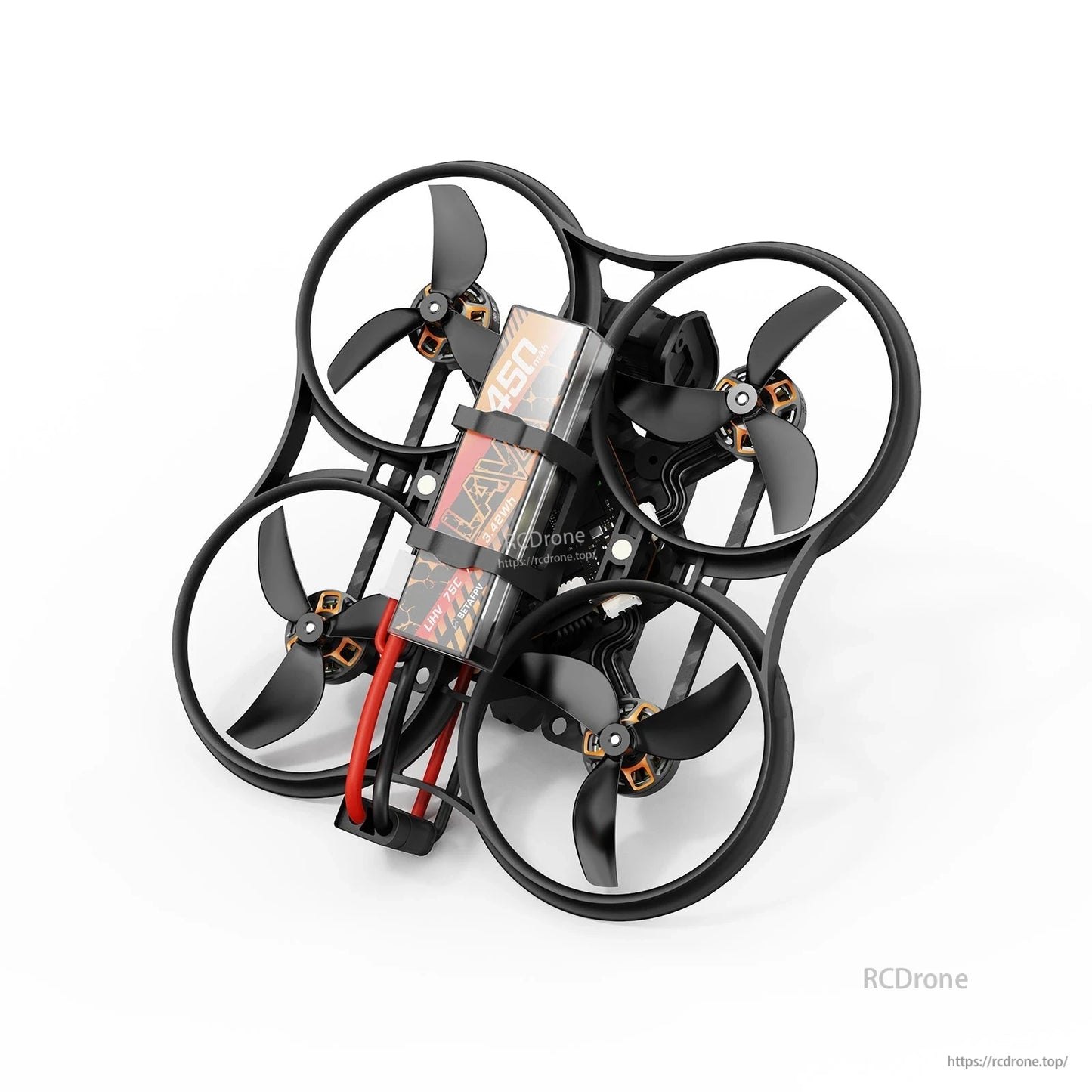 BetaFPV micro ducted FPV quadcopter with four tri-blade props, protective ducts, and top-mounted battery