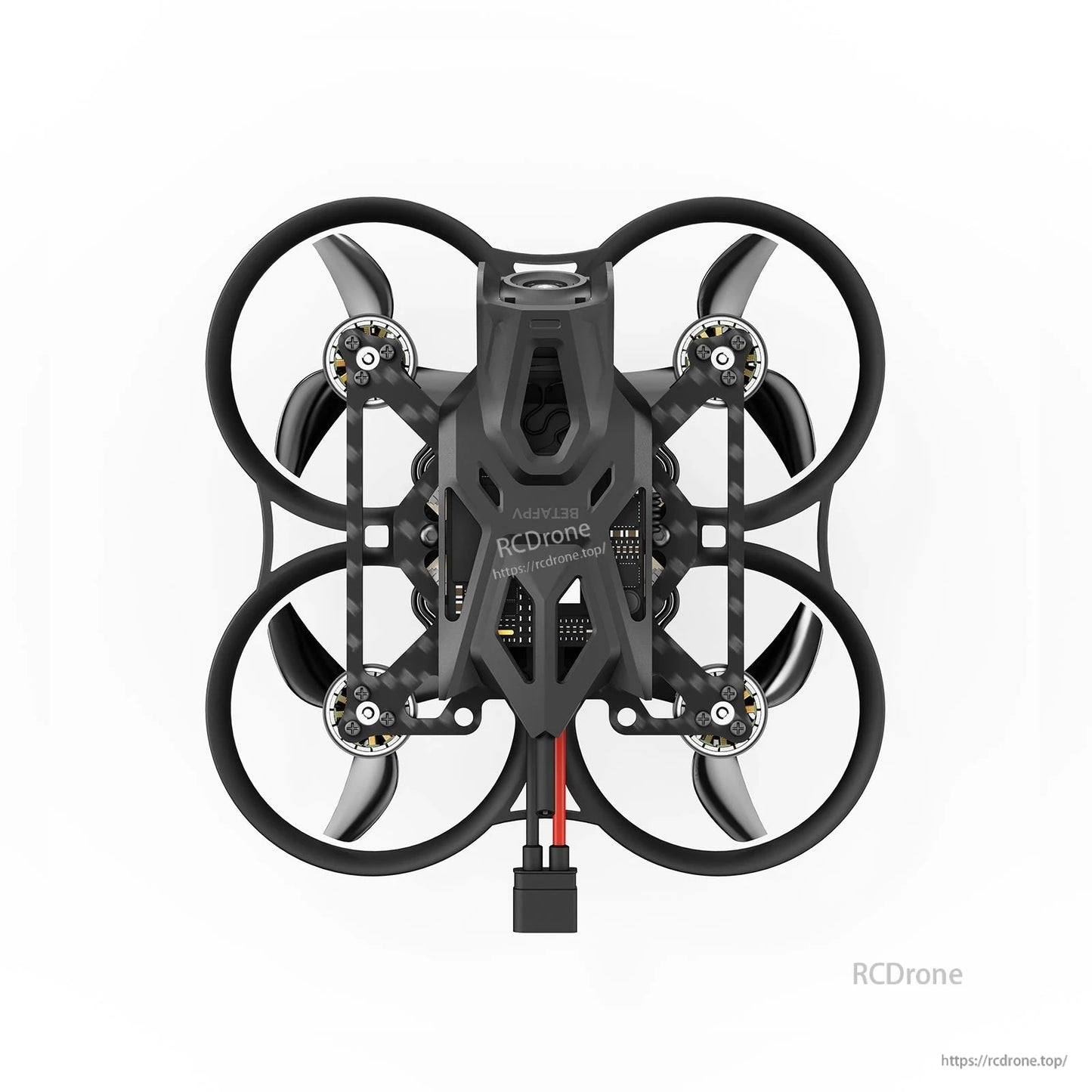 Top view of a BetaFPV whoop-style ducted quadcopter with four protected prop ducts and battery lead