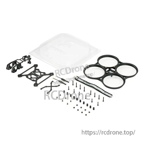 Pavo20 Pro whoop frame kit contents with duct set, top plate, camera bracket, screws, standoffs, and strap