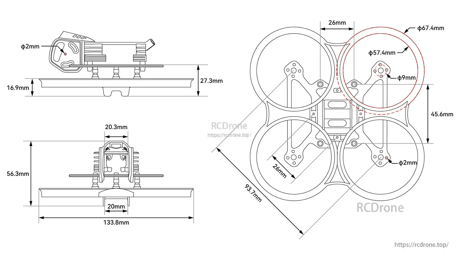 Pavo20 Pro frame dimension drawing with O4 Air Unit Pro bracket layout, duct ring diameters and mounting holes marked