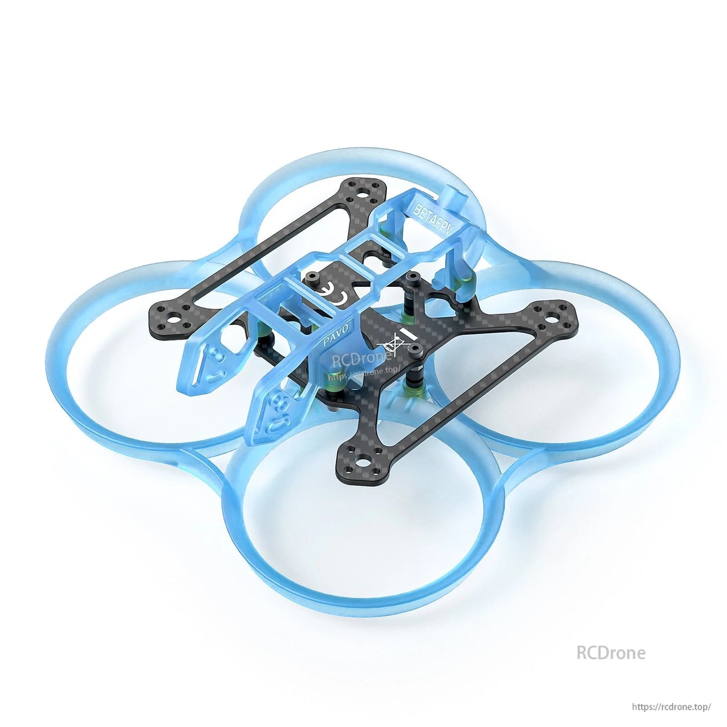 BetaFPV Pavo20 Pro brushless whoop frame with blue ducts and carbon fiber plate, angled view