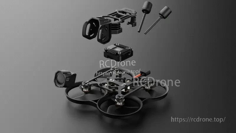 Exploded view of Pavo20 Pro cinewhoop frame showing camera mount, hardware, and ducted frame assembly